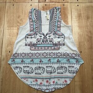 Scotty Womens Elephant Graphic Knit Tank Top Cream Pink Blue XL Boho